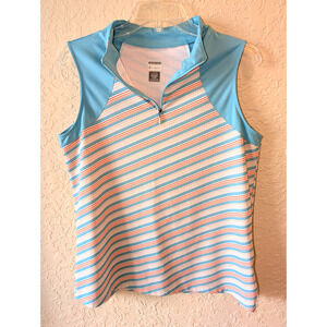 Nancy Lopez Womens Golf Shirt Light Blue Orange Striped Size L Desert Dry